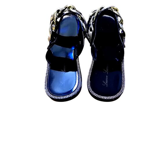 Lauren Lorraine Gold Chain Slides | Black Patent Rhinestone Sandals Size 7 NIB - Picture 4 of 6